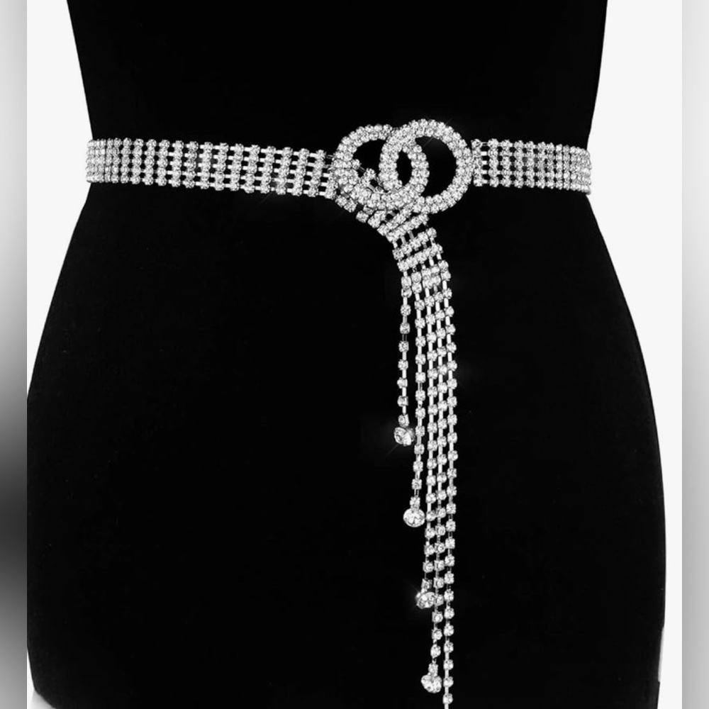 Elegant Silver Rhinestone Belt  adjustable size medium 47”
